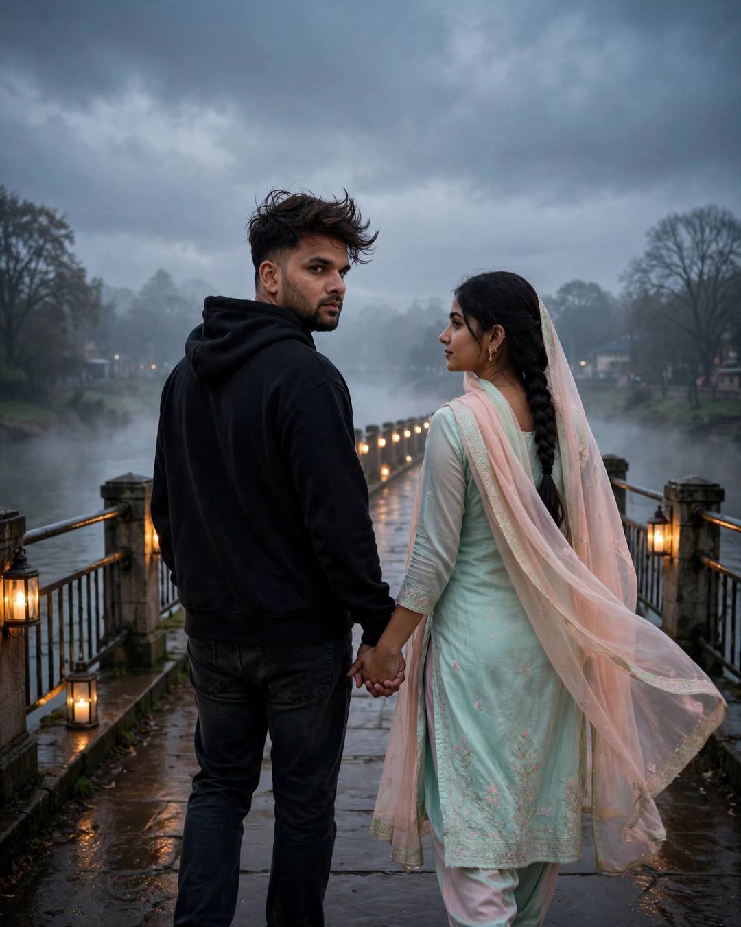 Couple holding hands on a lantern-lined bridge at dawn — man in black hoodie, woman in mint salwar-kameez with flowing dupatta, mist over the river