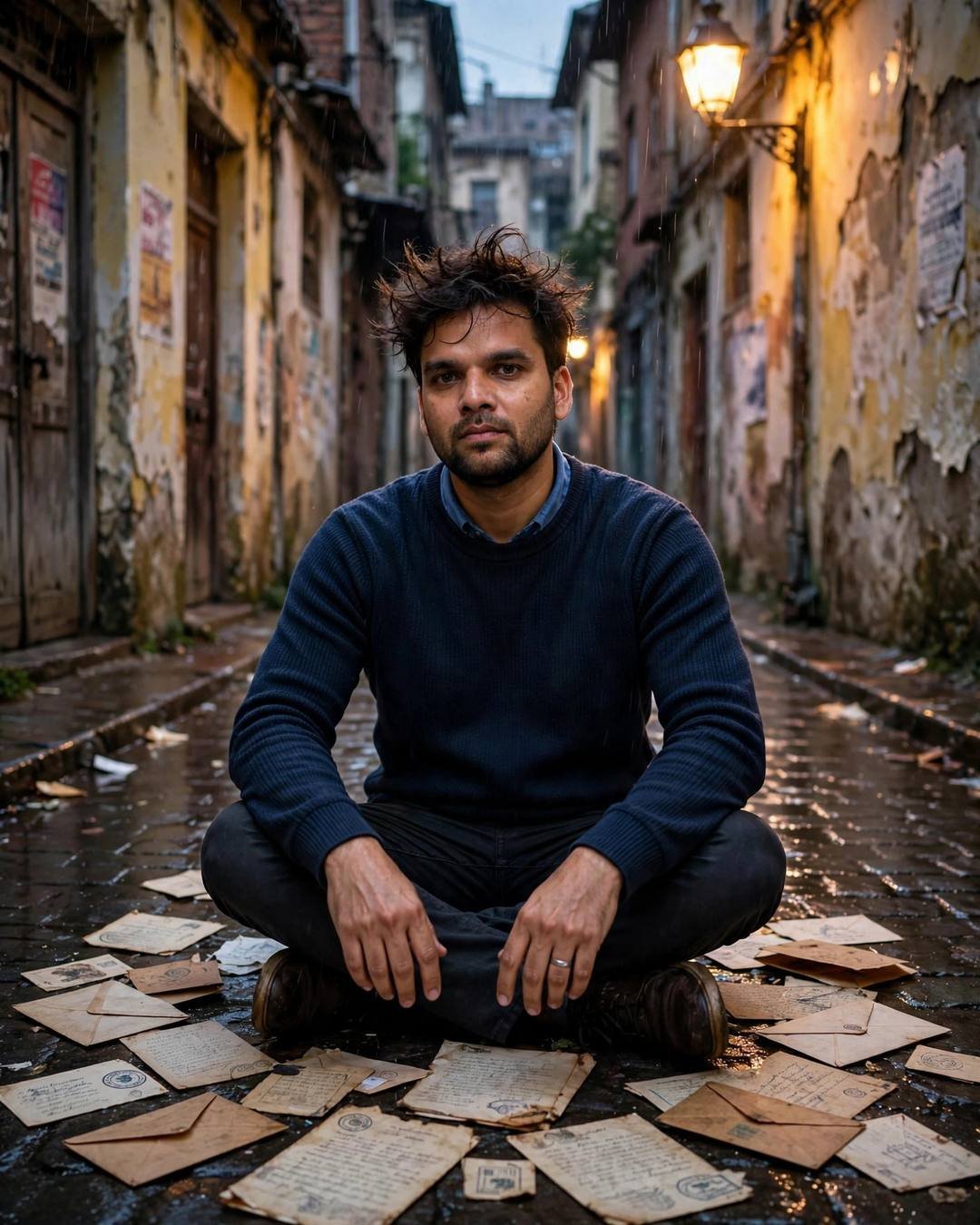 Young Indian man sitting cross-legged among old letters in a rainy old-city lane under a warm streetlamp
