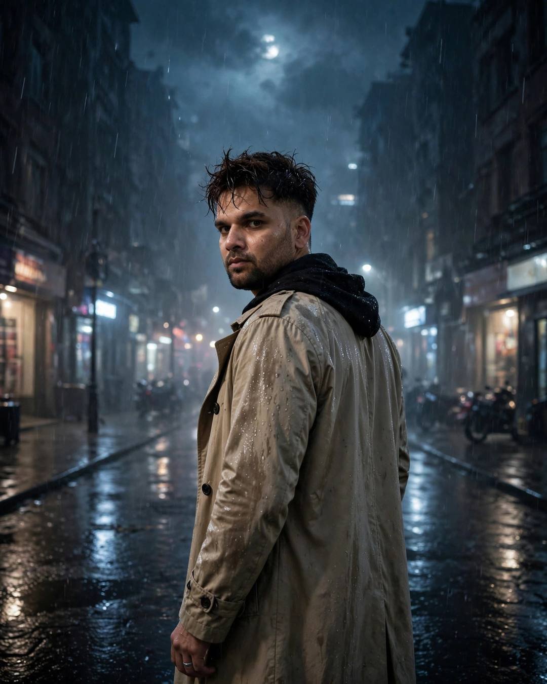 Young Indian man in a beige trench coat looking over his shoulder on a rainy moonlit city street