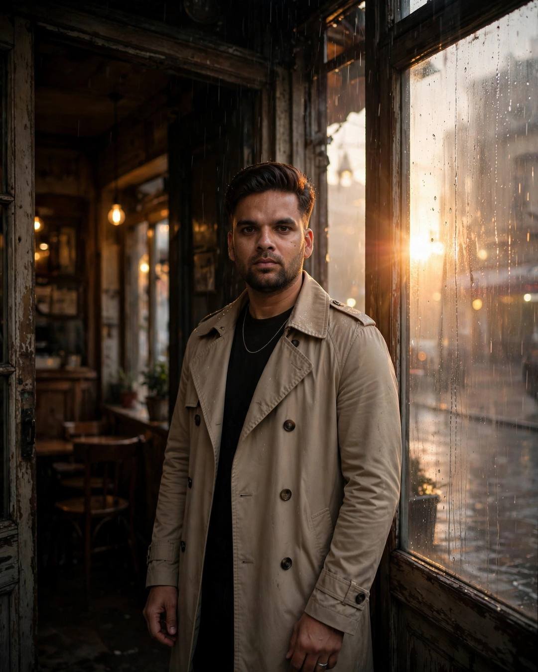 Young Indian man in a beige trench coat standing in a dark cafe doorway beside a rain-streaked glowing window