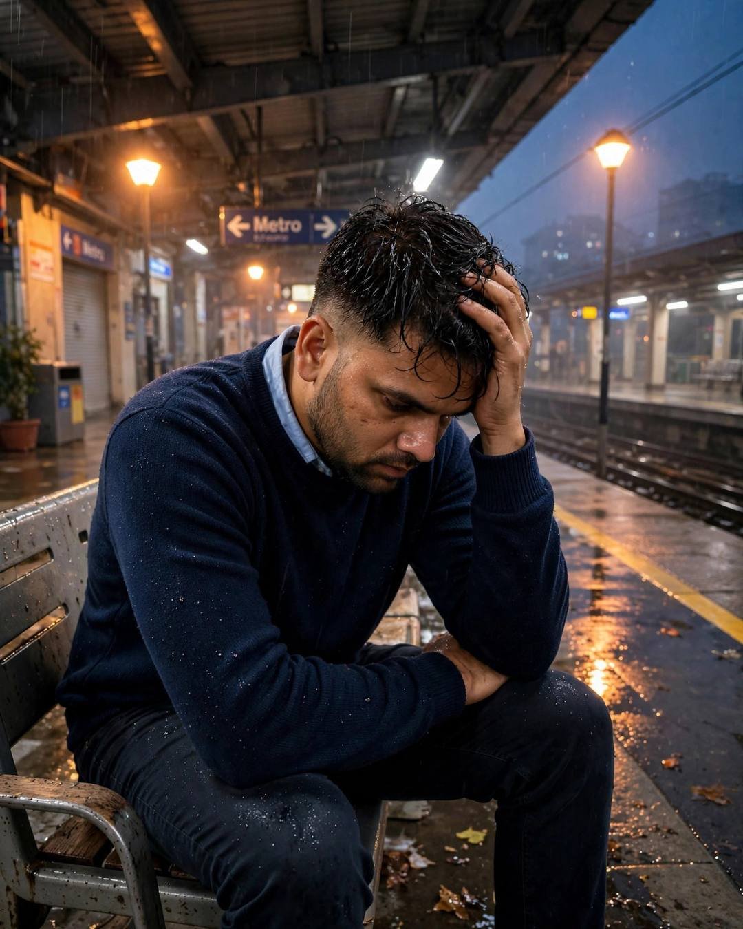 Young Indian man in a navy sweater sitting with head in hand on a midnight metro station bench under warm sodium lamps