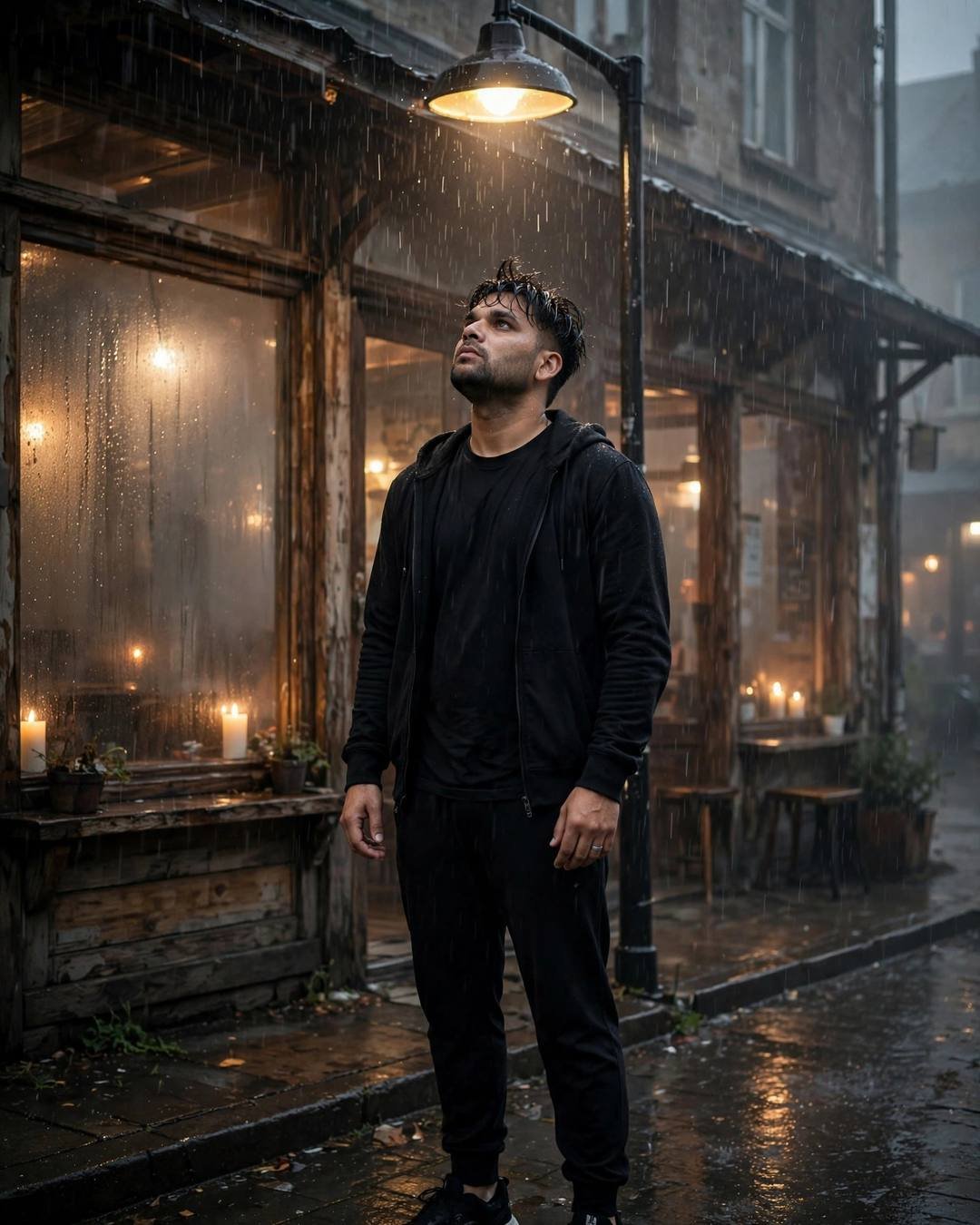 Young Indian man in all-black streetwear standing under a streetlamp in the rain with face lifted to the sky, old candlelit cafe behind