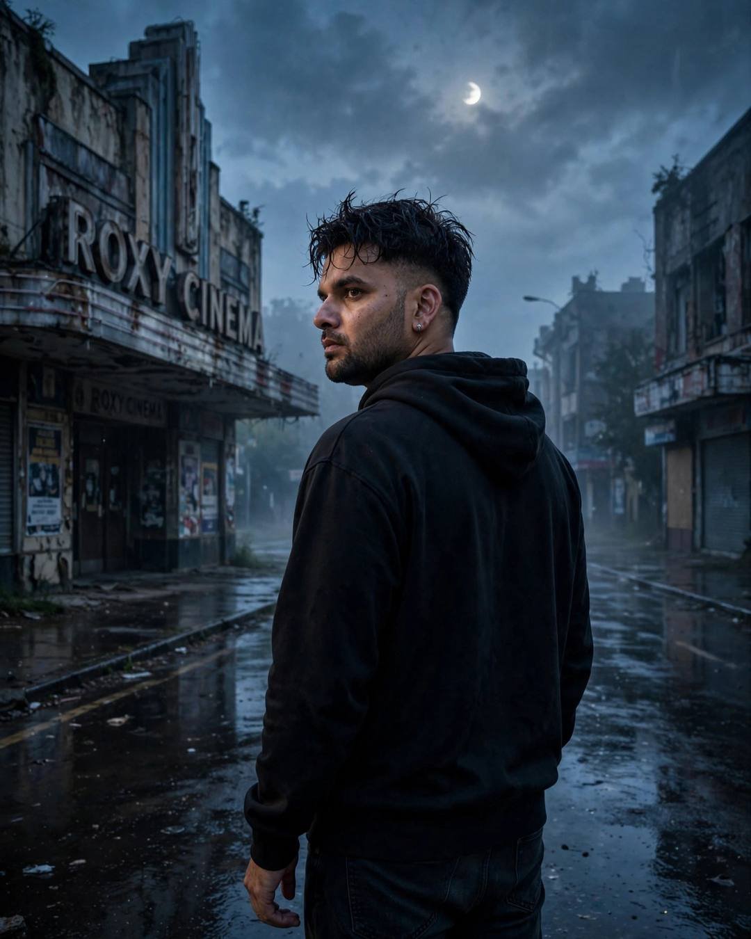 Young Indian man in a black hoodie glancing over his shoulder on a moonlit wet street before the abandoned Roxy Cinema