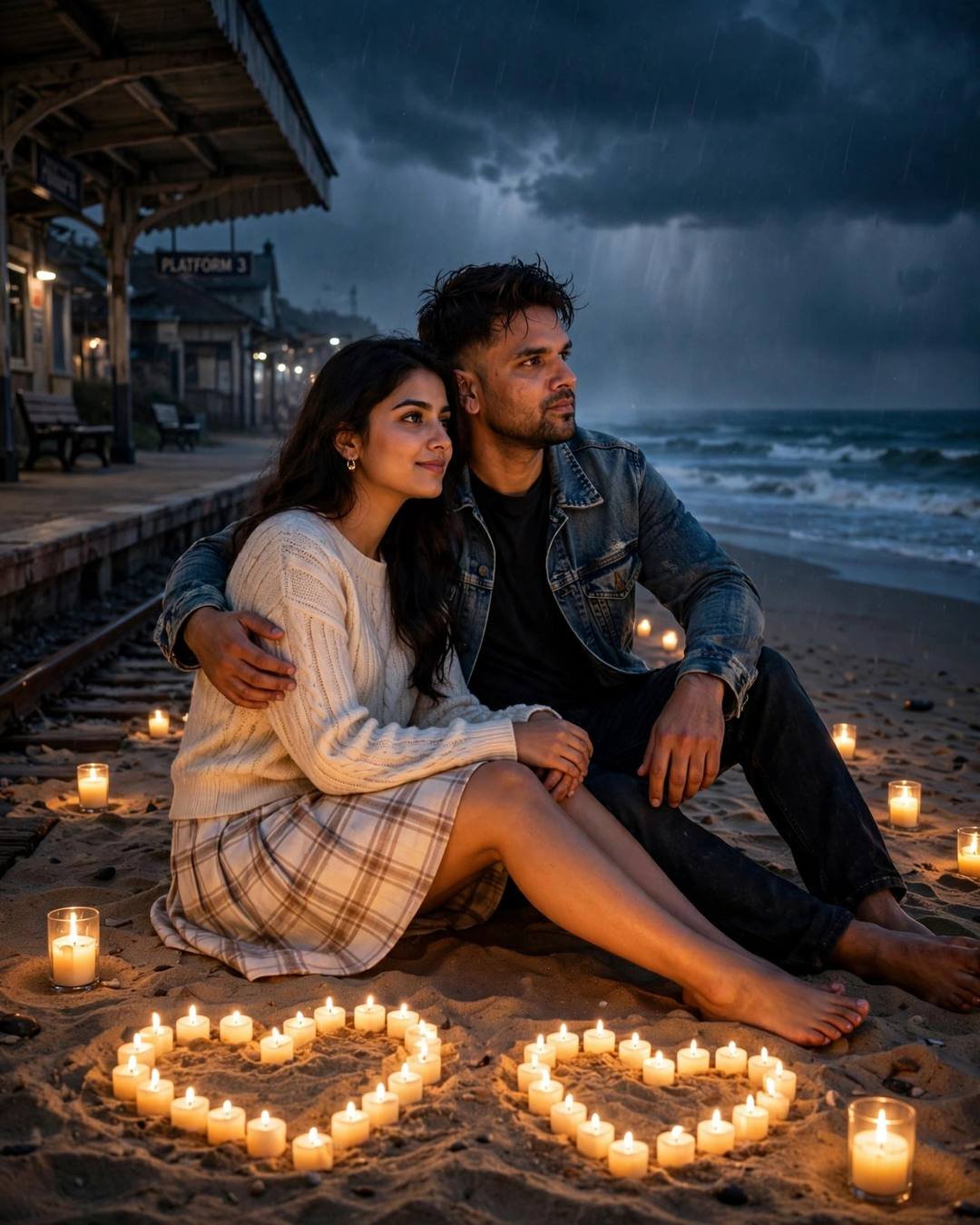Couple sitting close on candlelit sand — man in denim jacket with arm around woman in cream knit top, waves and storm clouds behind