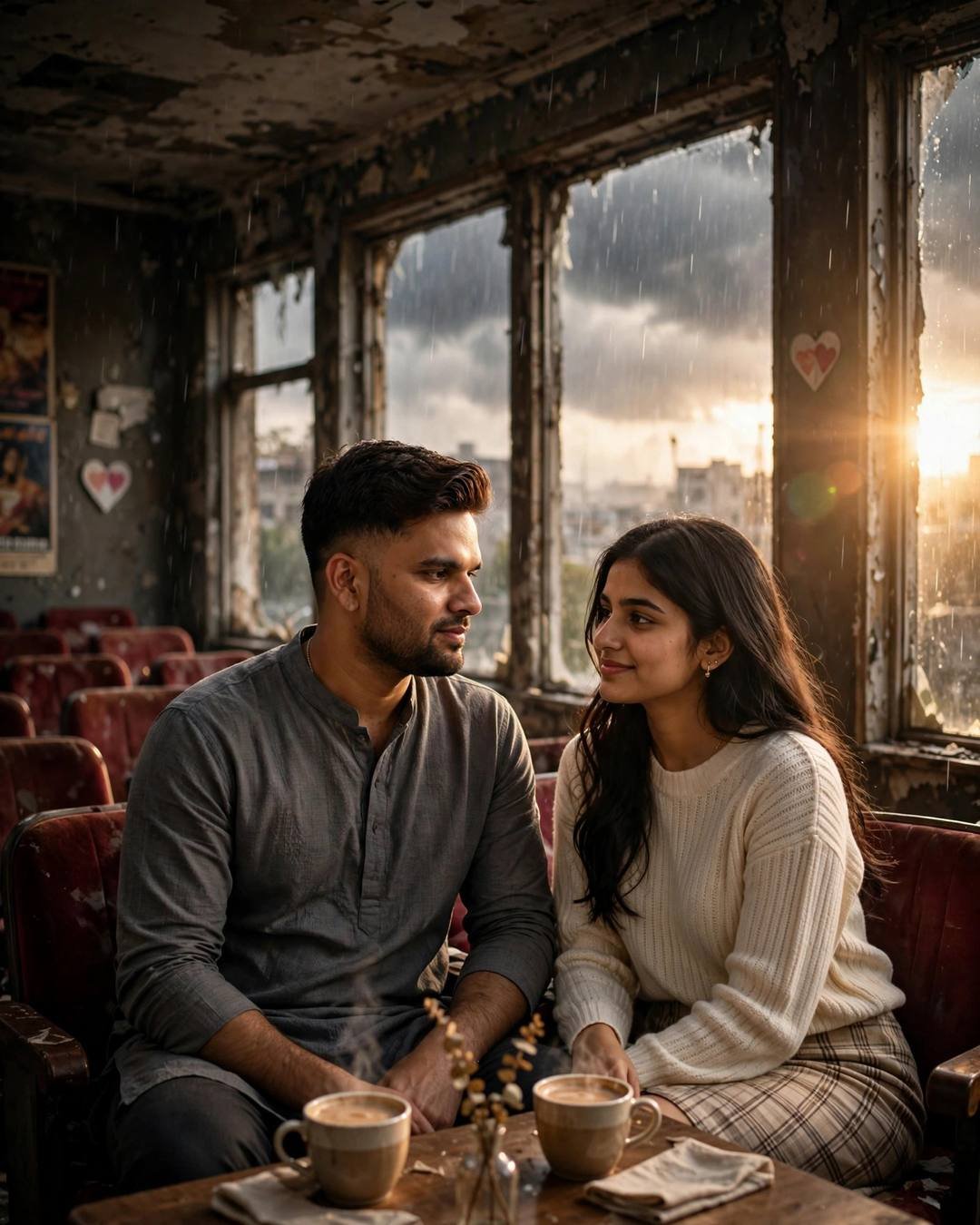 Couple across a small cafe table in an abandoned cinema hall — man in grey kurta, woman in cream knit top, hands almost touching over coffee cups