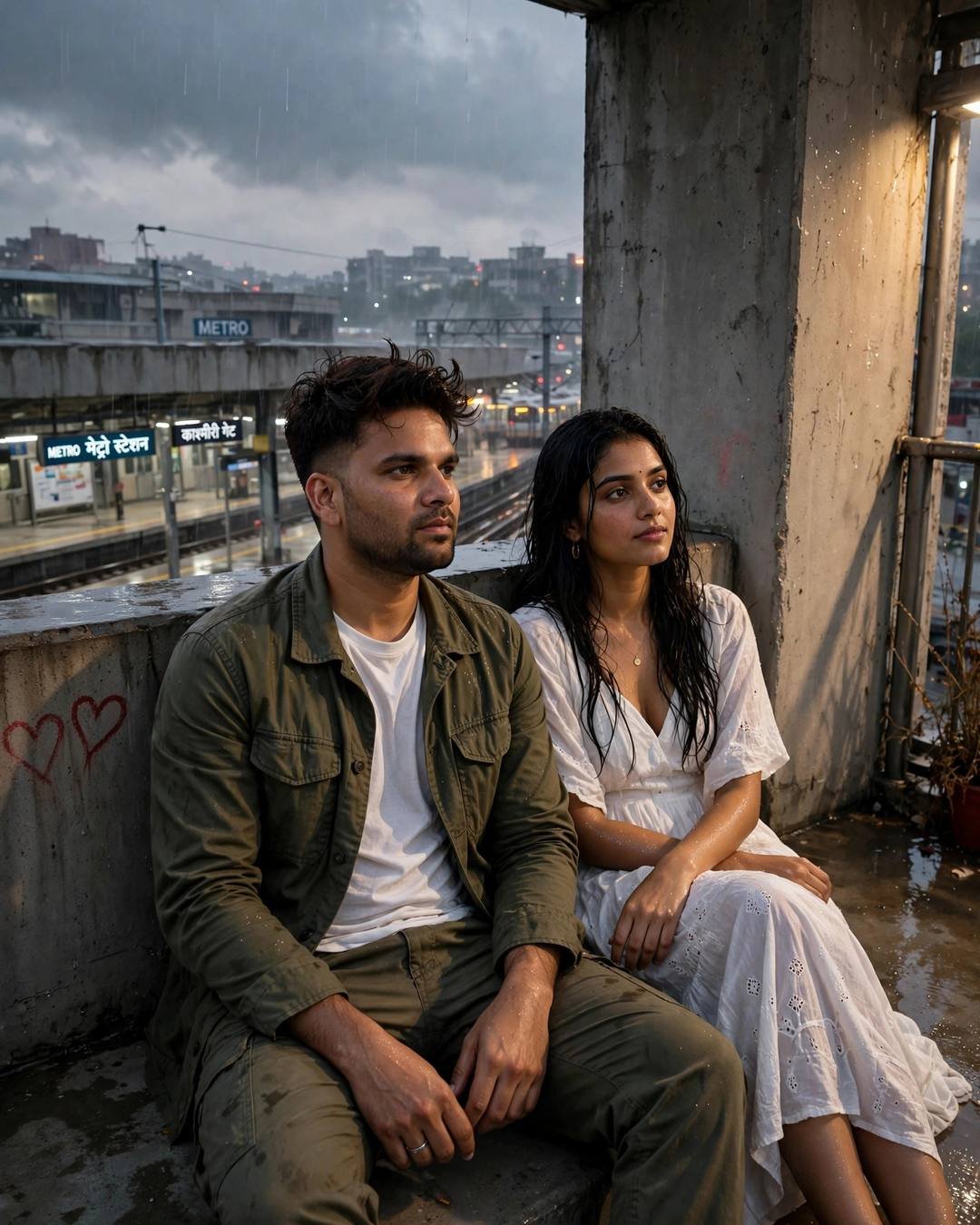 Couple sitting in shared silence on a rainy rooftop — man in olive field jacket, woman in white dress, metro station behind