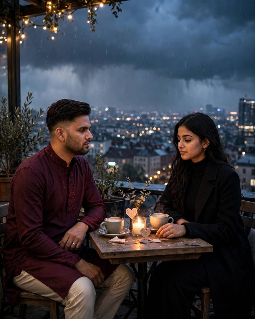 Couple at a candlelit rooftop cafe table — man in maroon kurta, woman in black coat, city lights glittering through rain