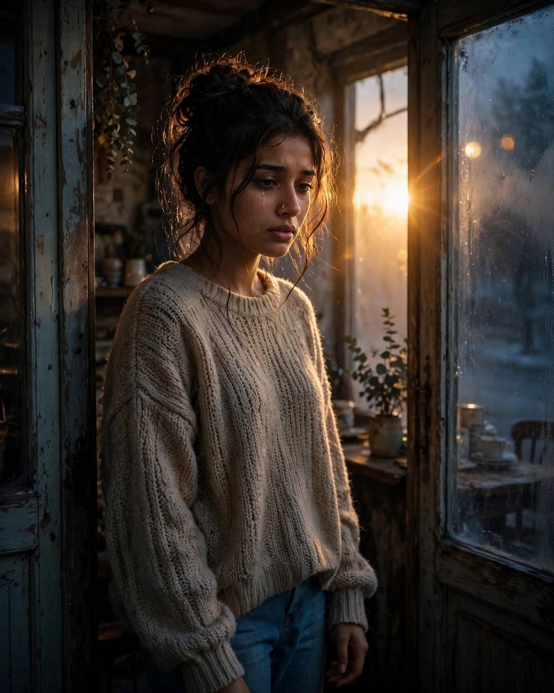 Young Indian woman in a beige sweater with a messy bun standing tearfully in a weathered doorway with golden backlight