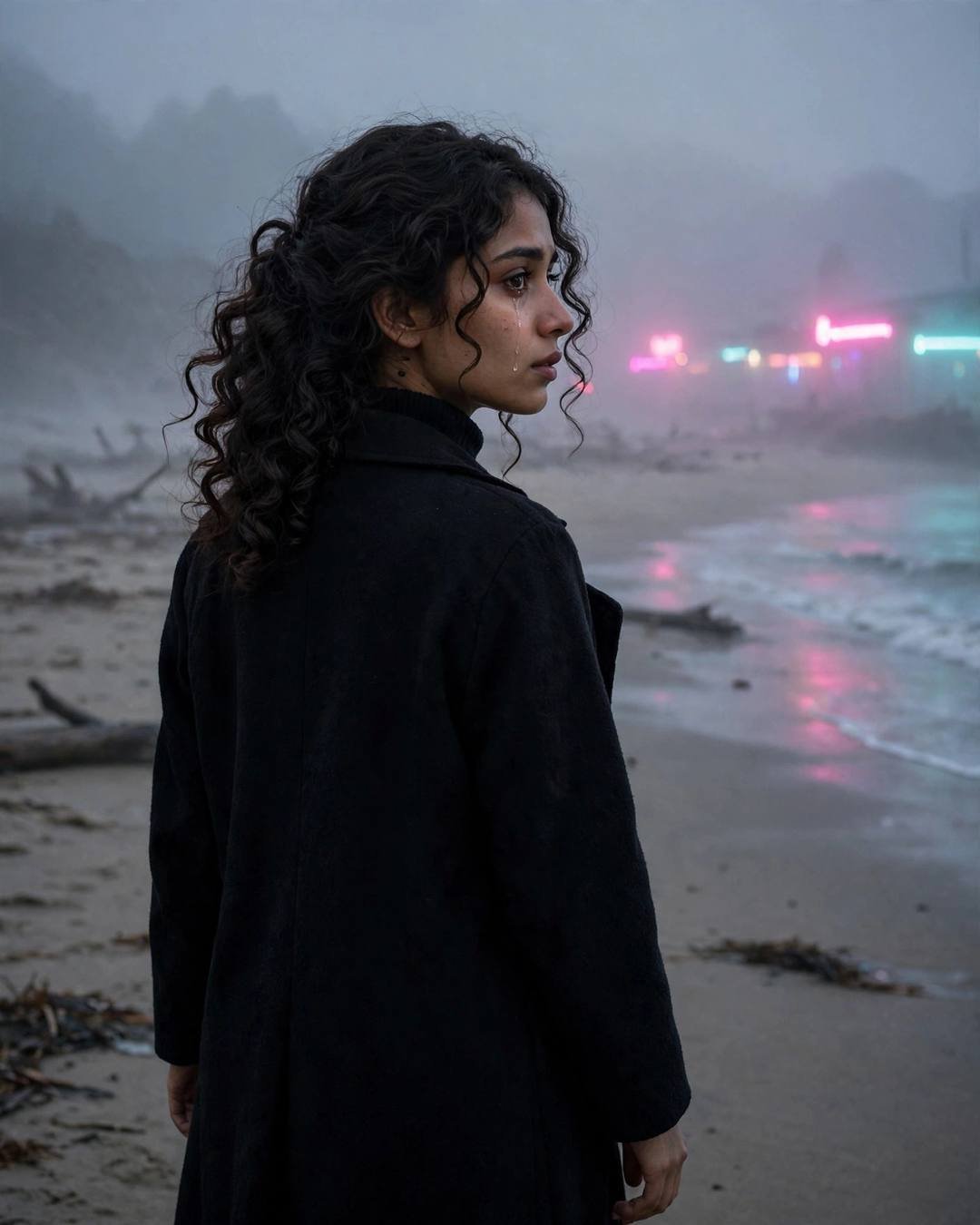 Young Indian woman in a black coat glancing over her shoulder on a foggy beach at dusk with neon glow and a tear on her cheek