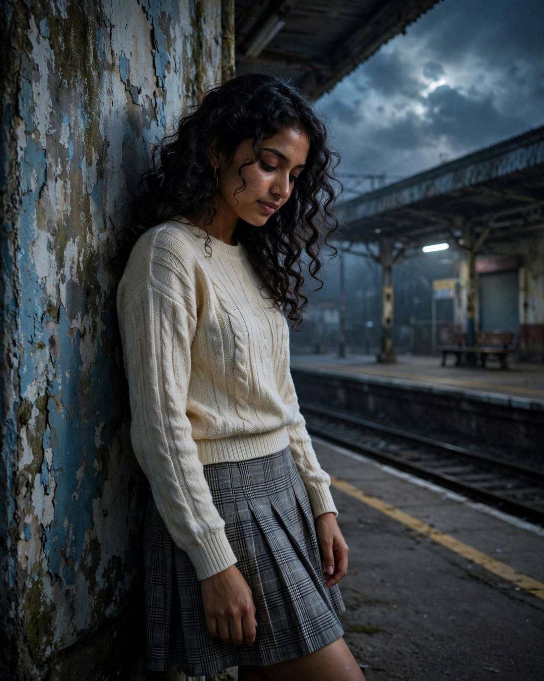 Young woman leaning against a weathered wall on an empty railway platform at night