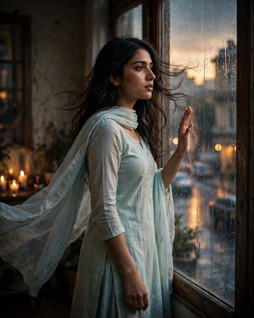 Young woman in a pastel salwar-kameez at a rain-streaked window, hand on the glass