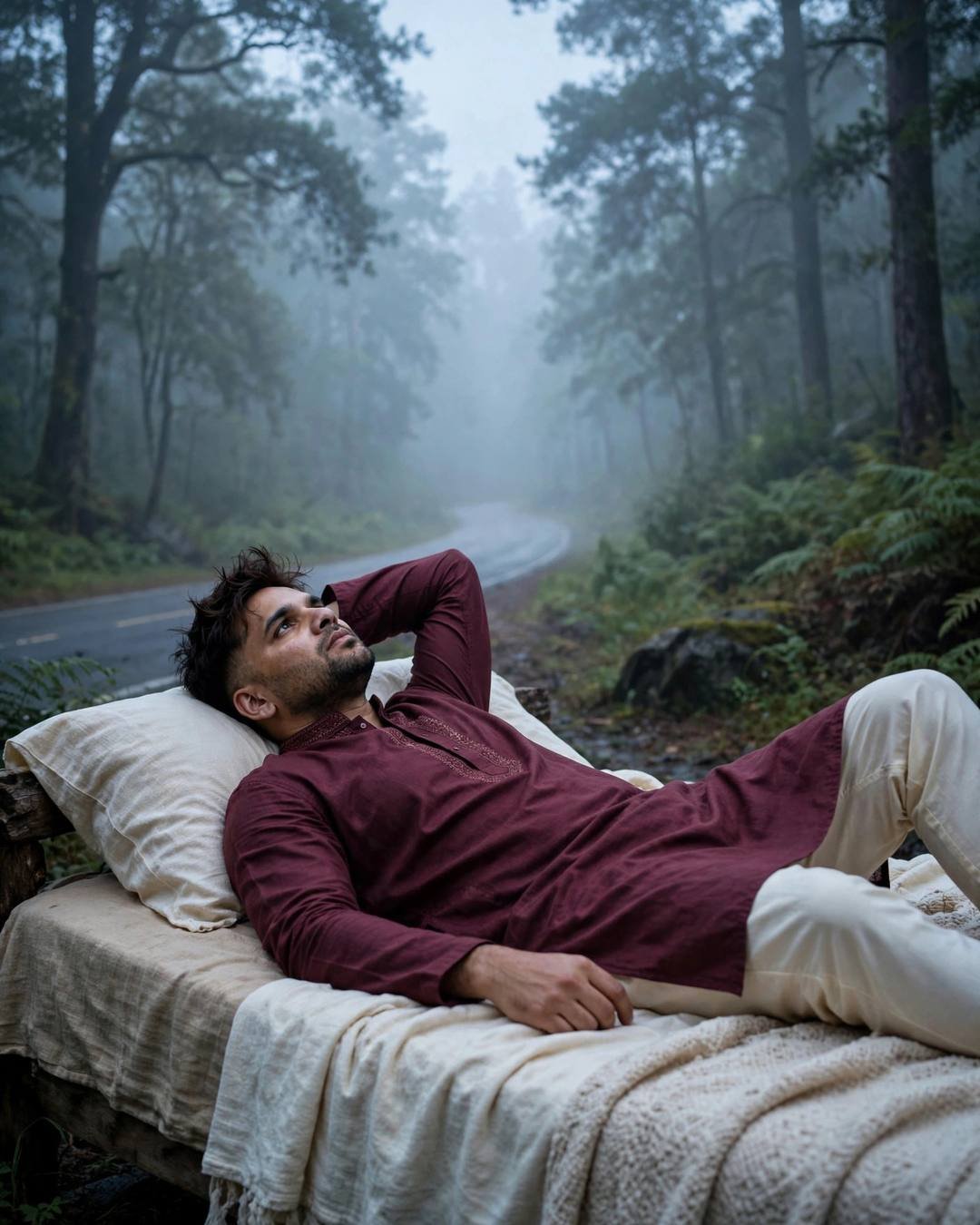 Young Indian man in maroon kurta lying on a bed on a misty forest path at dawn, fog drifting between tall pine trees