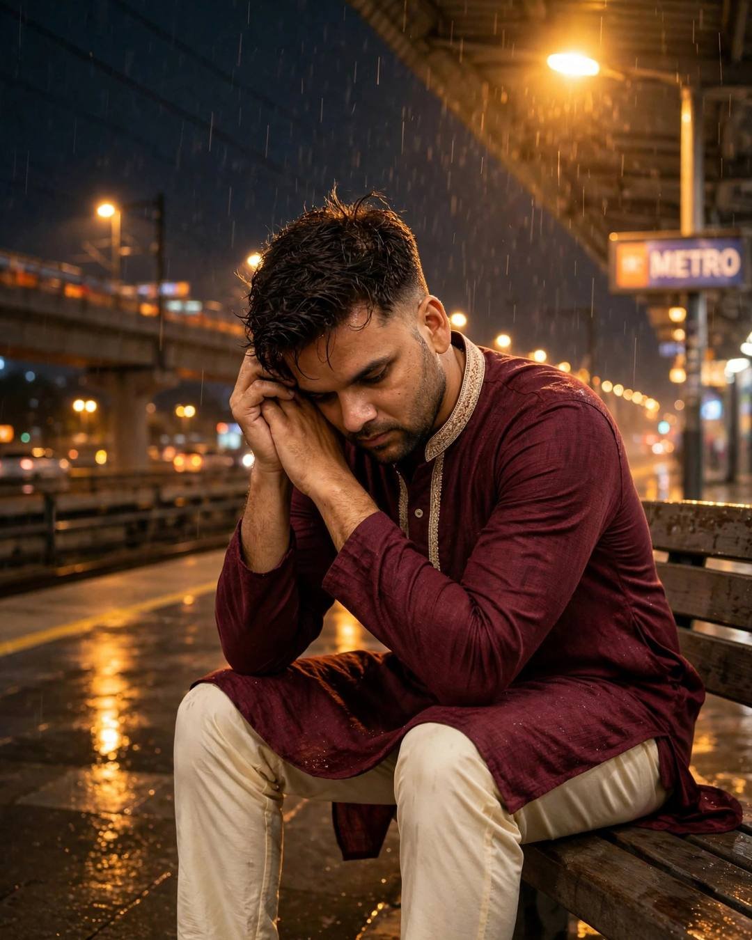 Young Indian man in maroon kurta sitting alone on a rain-soaked metro platform bench at night, head in hands, under warm streetlamps