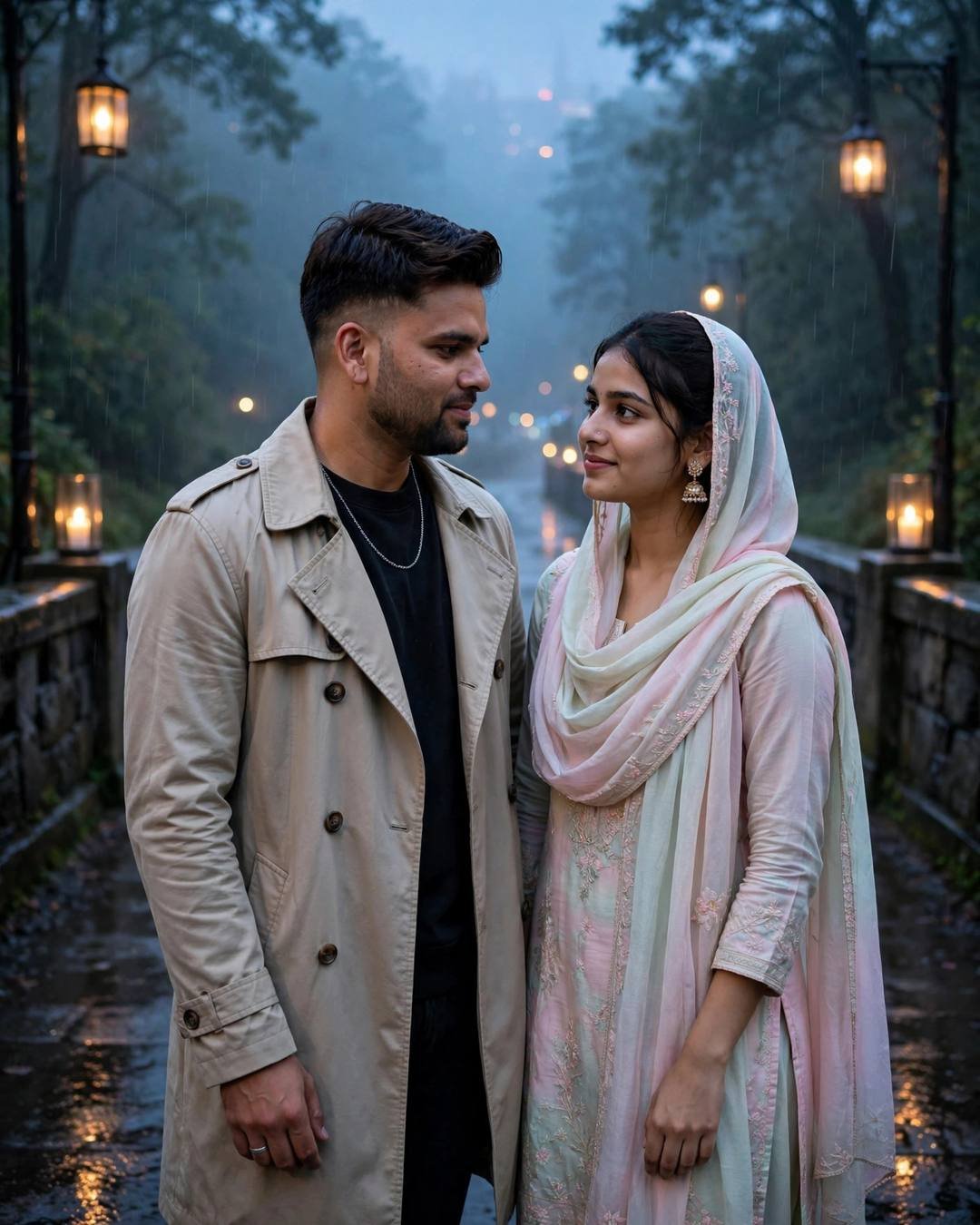 Couple trading shy glances on a misty bridge lined with candles after rain at blue hour