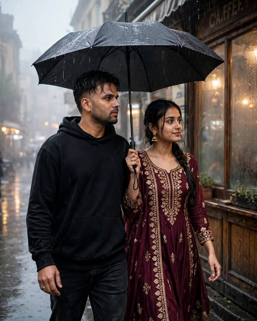 Young couple sharing one umbrella outside an old cafe on a rainy street at dawn