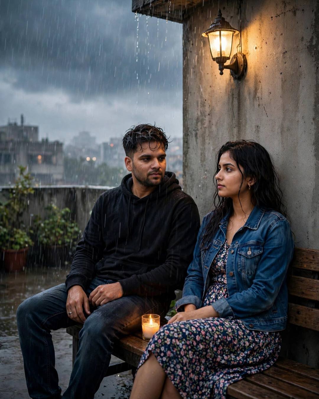 Couple sitting close on a rooftop bench in heavy dawn rain, him in black hoodie, her in denim jacket, candle between them