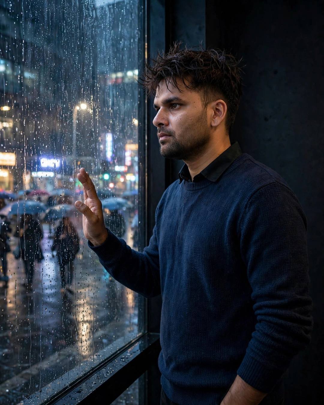 Young Indian man in a navy sweater standing at a rain-streaked window at midnight, hand on the glass