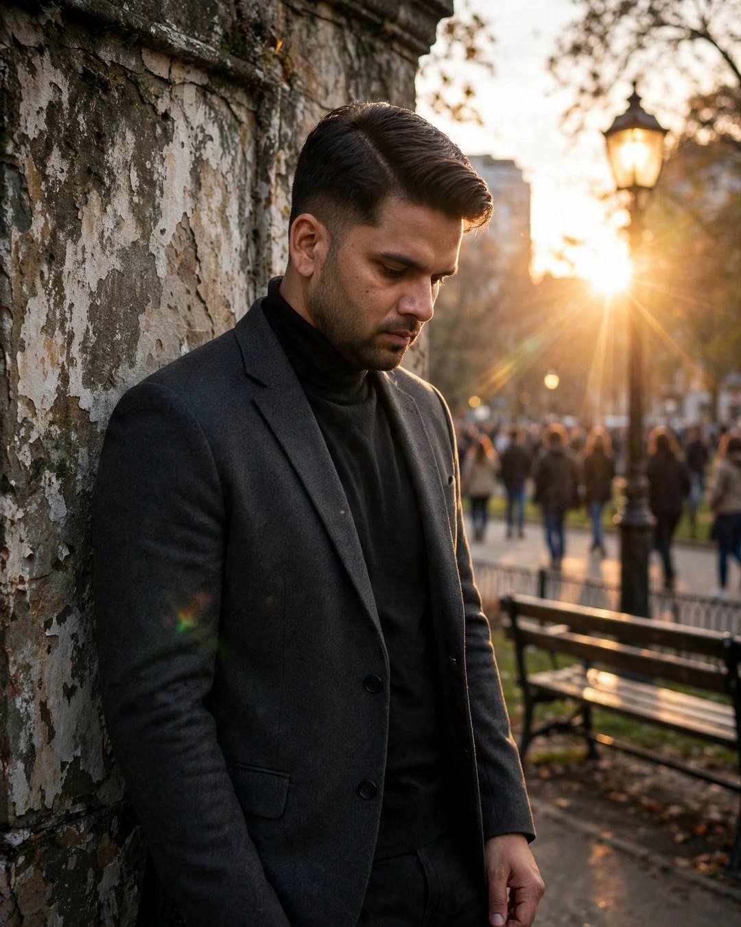 Young Indian man in a charcoal blazer leaning against a weathered wall at golden hour, head tilted down