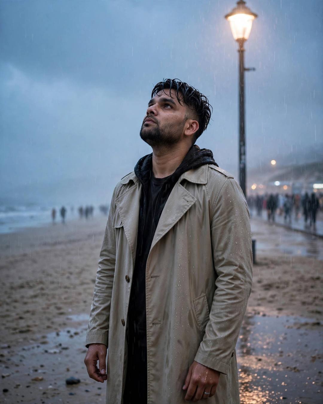 Young Indian man in a beige trench coat standing under a streetlamp on a rainy beach at dusk, face lifted to the sky