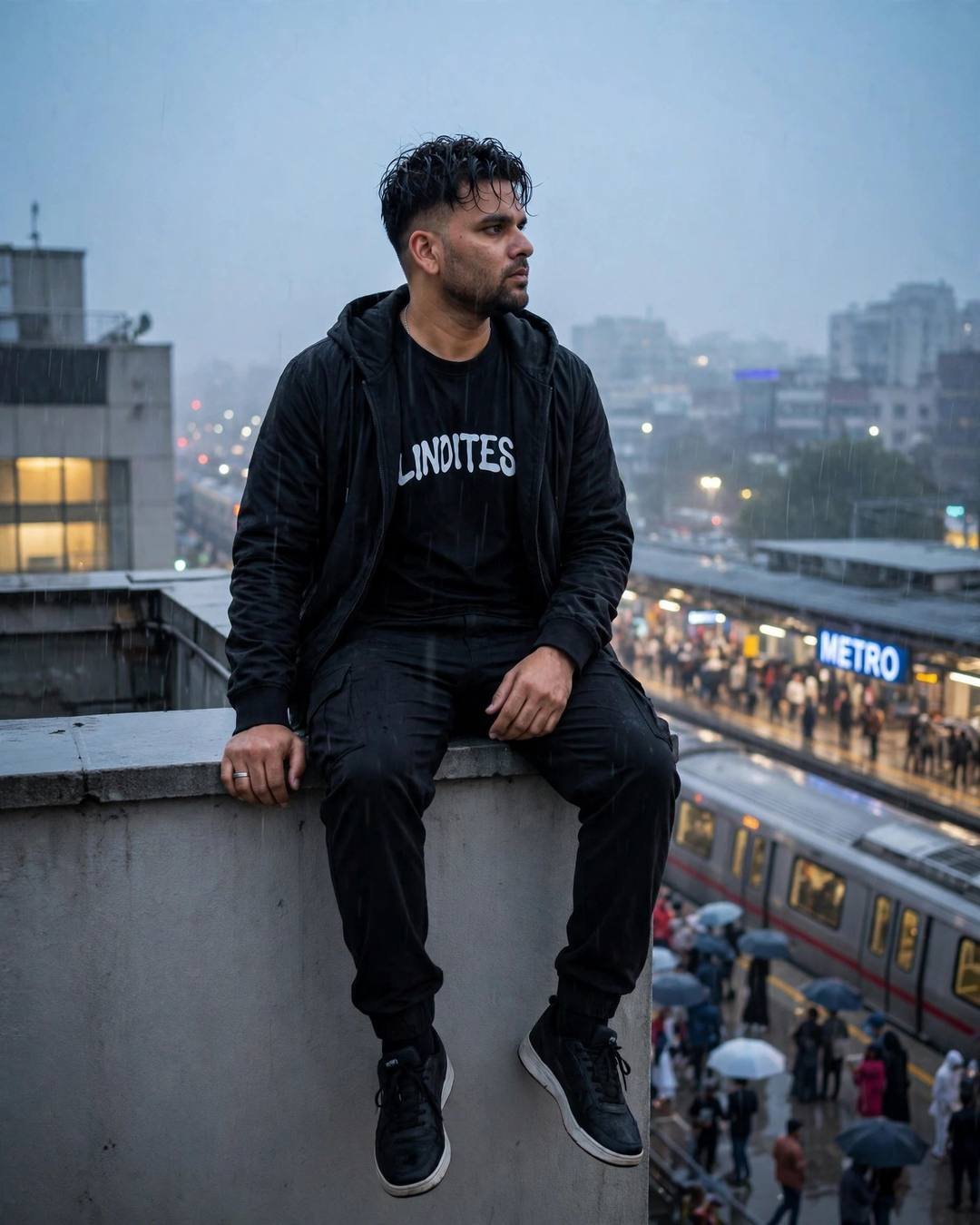 Young Indian man in all-black streetwear sitting on a rooftop ledge at dawn, legs dangling, metro station glowing below