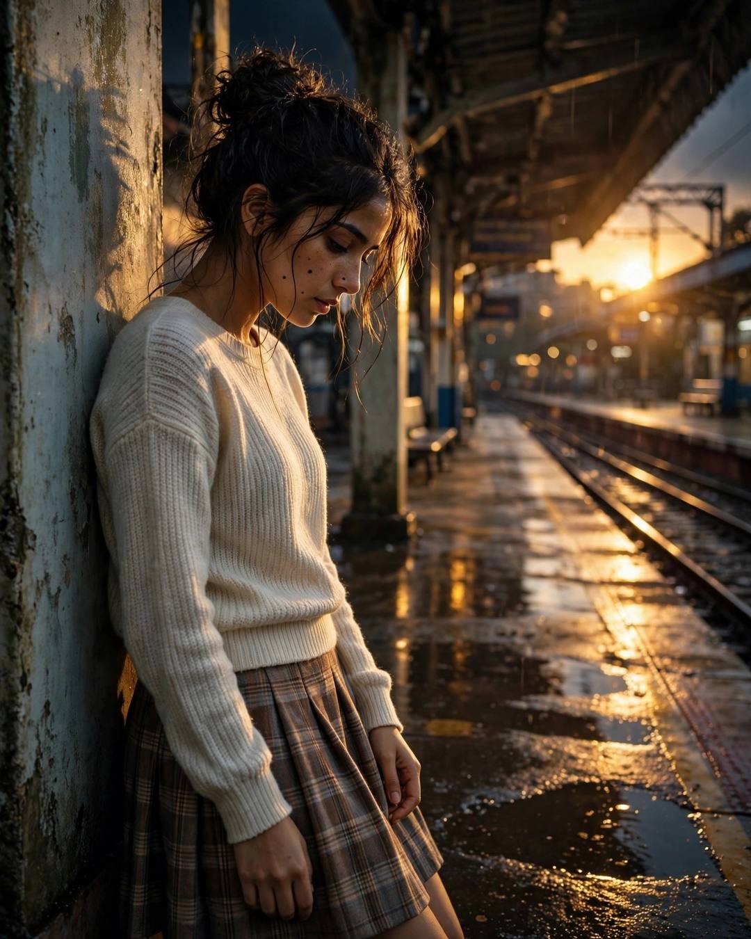 Young Indian woman in cream knit and plaid skirt leaning against a weathered wall on an empty railway platform at night