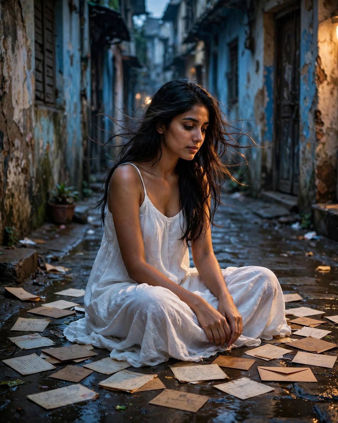 Young Indian woman in a flowing white summer dress sitting cross-legged among old letters in a narrow old-city lane