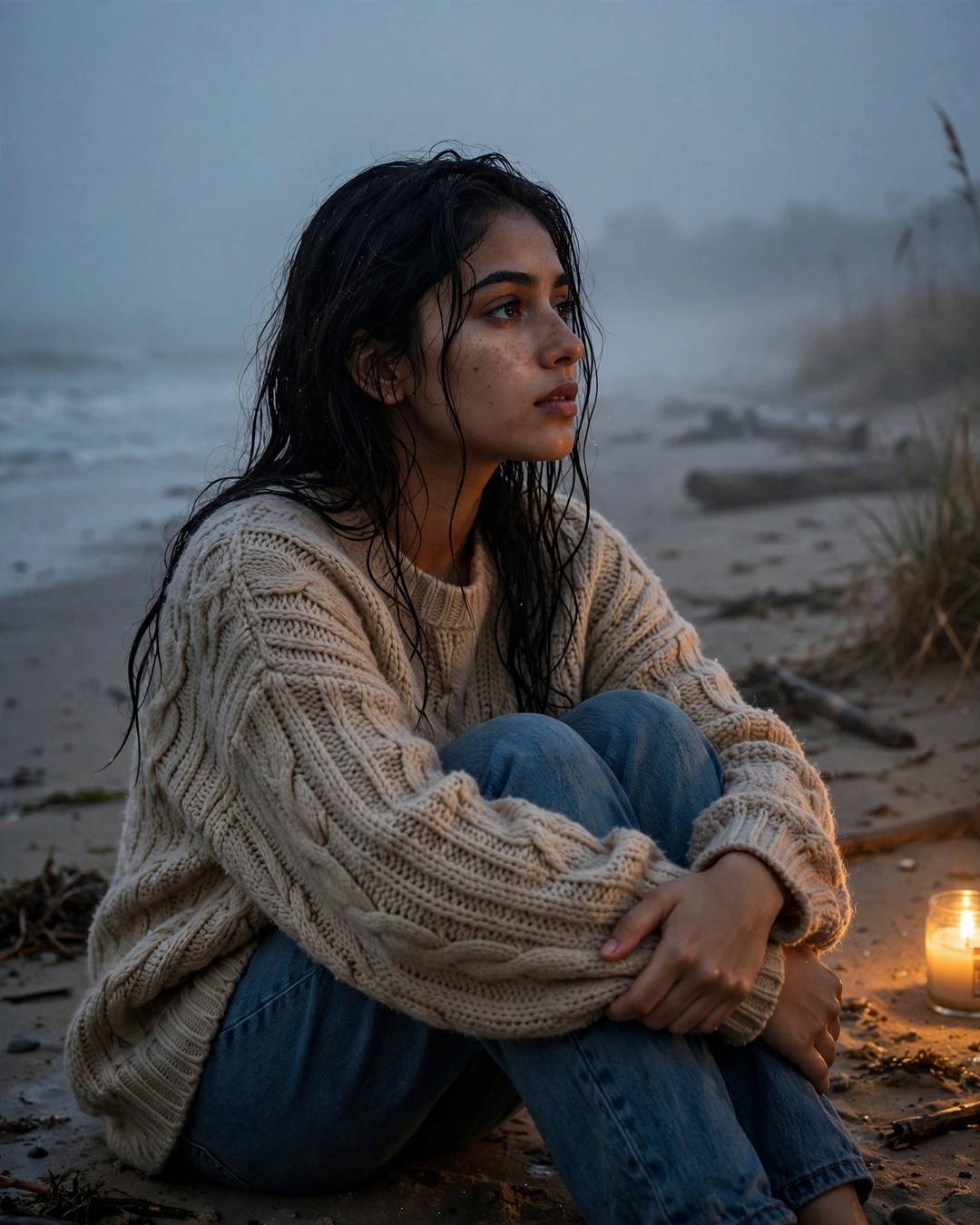 Young Indian woman in an oversized beige sweater sitting with knees drawn up on a foggy beach at dusk, candle beside her