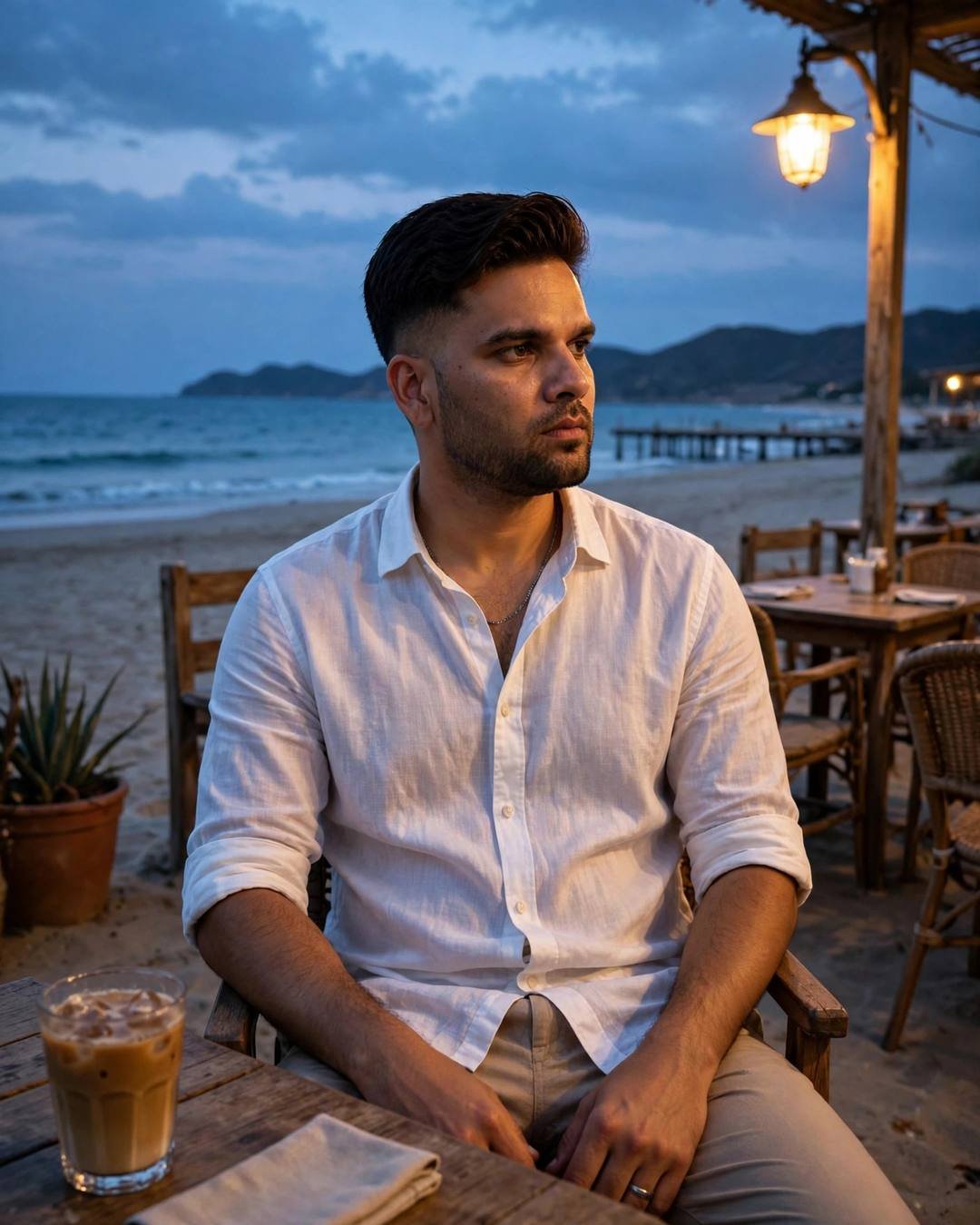 Young Indian man in a white linen shirt sitting at a beachside cafe table at dusk, gazing into the distance