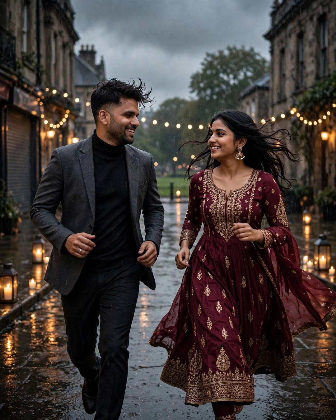 Cinematic portrait of a couple laughing as they run hand in hand through a rain-soaked city lane lit by string lights and lanterns