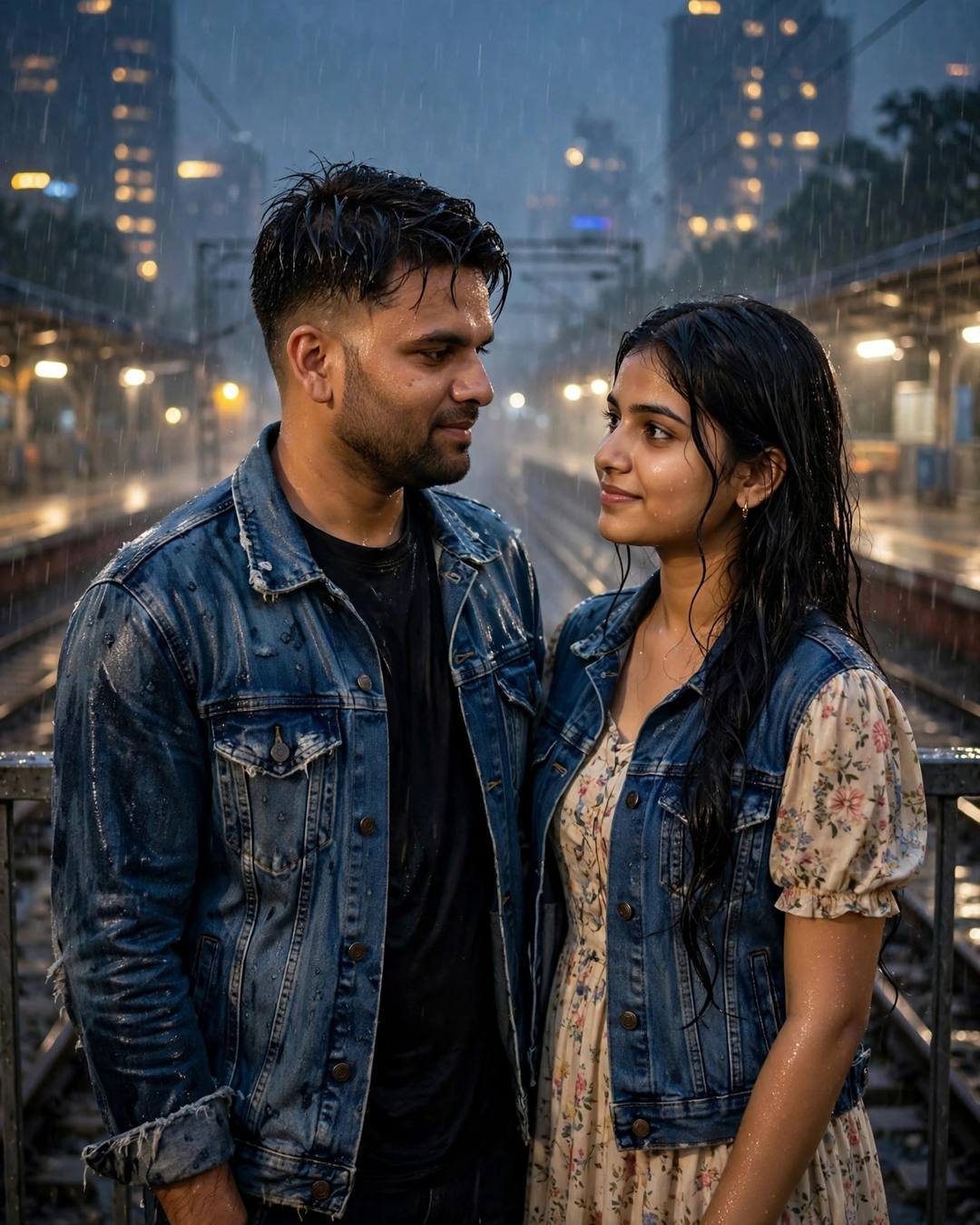 Couple in denim jackets gazing into each other's eyes on a rain-soaked railway platform at night