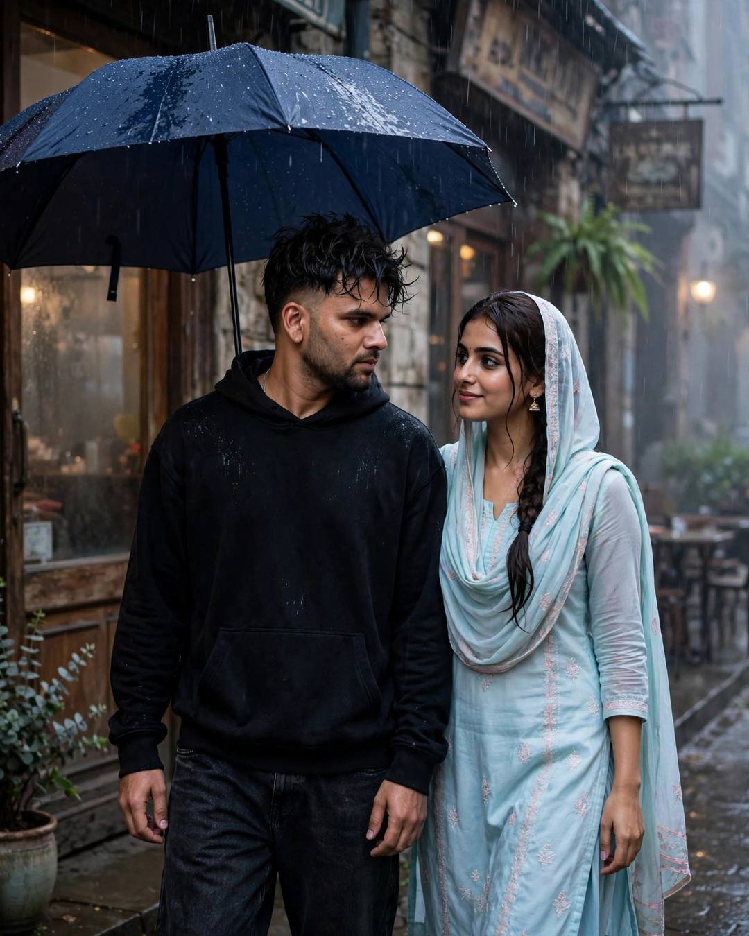 Two former lovers sharing one umbrella on a rainy cafe street