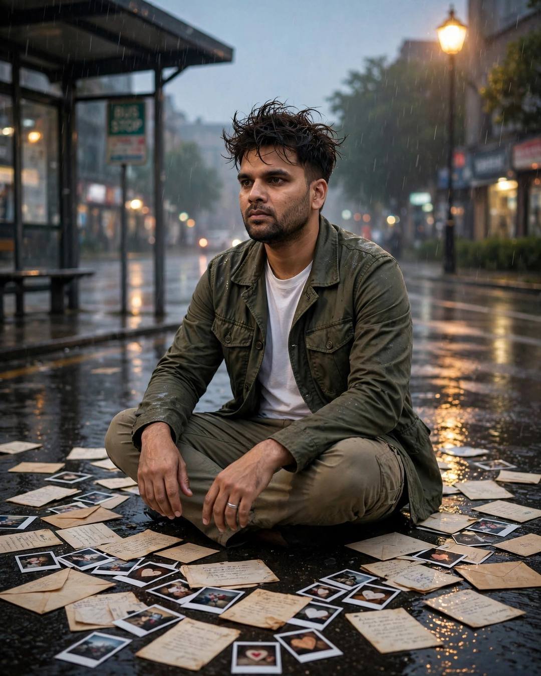 Man sitting cross-legged among scattered old letters and polaroids at a rainy bus stop at dawn