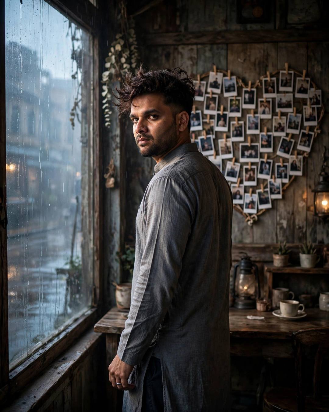 Man looking back over his shoulder in an old cafe, heart-shaped polaroid wall behind him