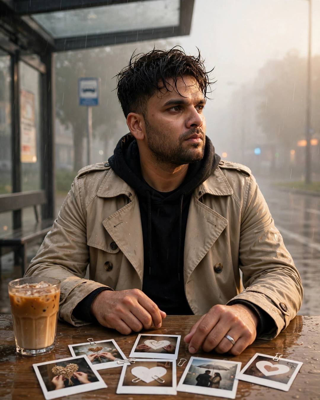 Man lost in thought with cold coffee and old polaroids at a foggy bus stop at dawn