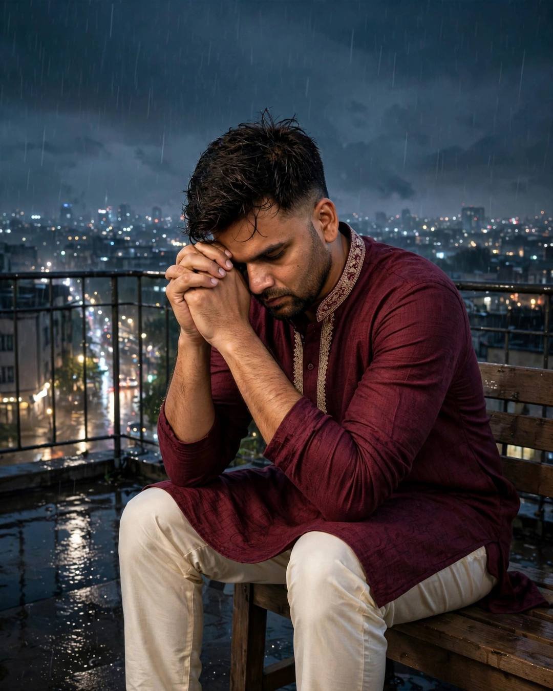 Man sitting with bowed head on a rainy rooftop at midnight, city lights below