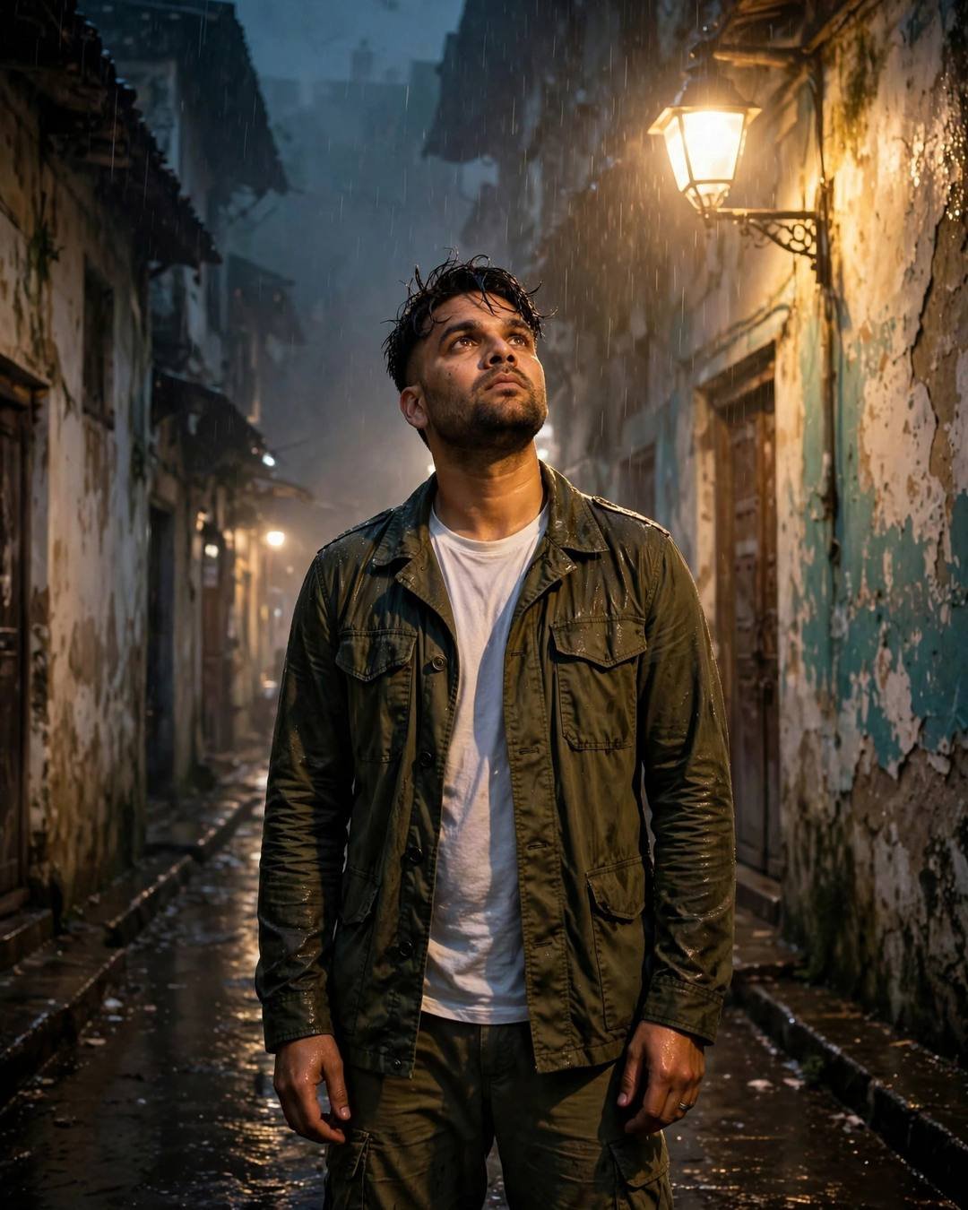 Man standing under a streetlamp in an old-city lane, face lifted to the rain
