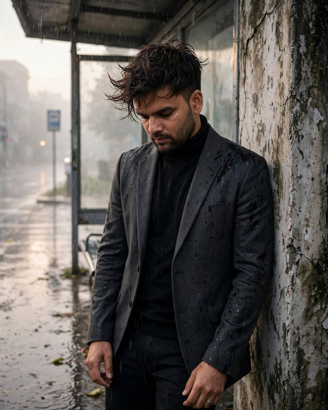 Man leaning against a weathered wall at a rainy bus stop, head tilted down