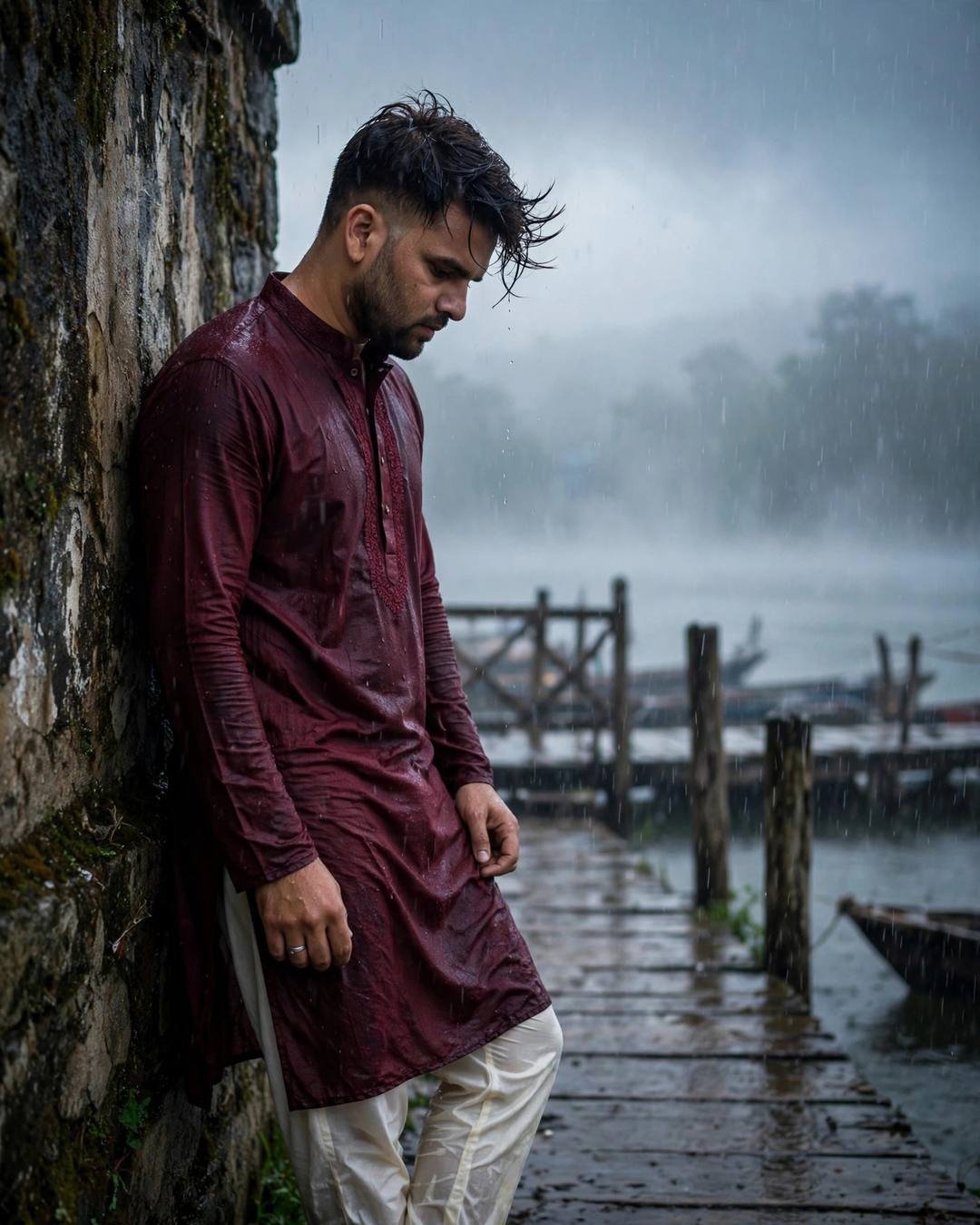 Man leaning against a mossy wall at a rainy lake pier, head bowed