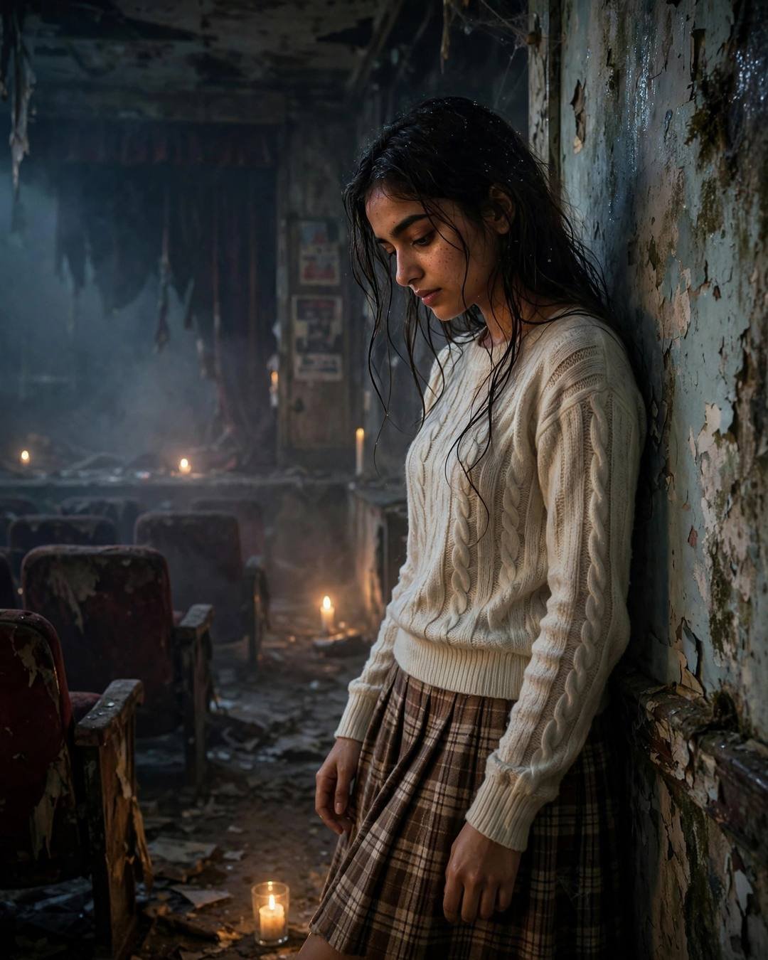 Woman leaning against a peeling wall in a candlelit ruined cinema hall