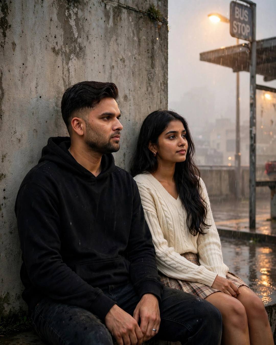 Young Indian couple sitting together against a concrete wall at a rainy bus stop at dawn, warm streetlamp glow behind them