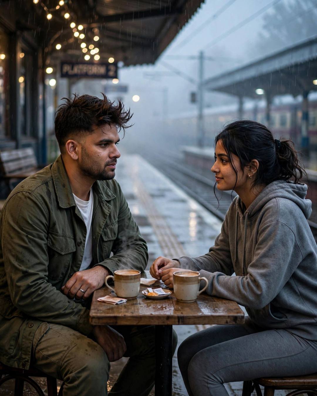 Couple at a small table on a rainy railway platform at night, hands almost touching over chai
