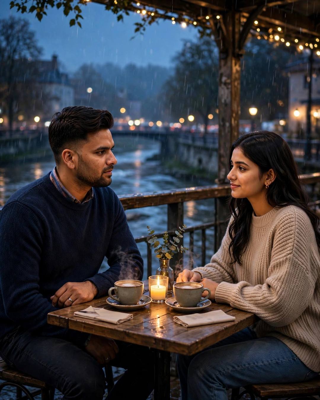 Couple at a candlelit riverside cafe table at blue hour with fairy lights and rain