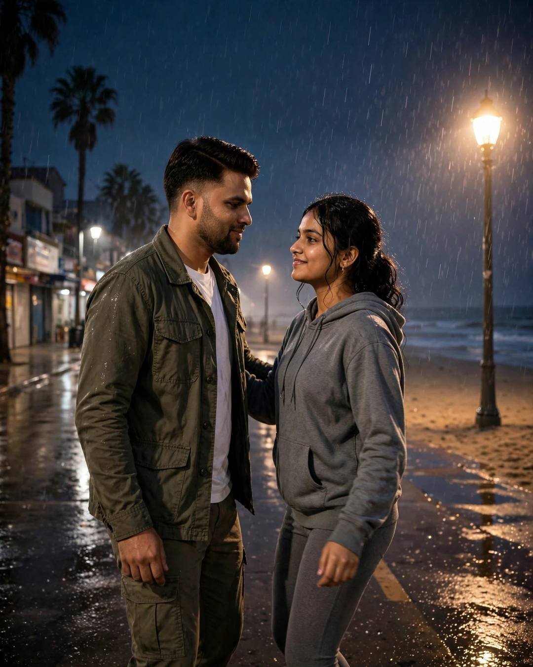 Smiling couple facing each other in the rain on a lamplit beachside street at midnight
