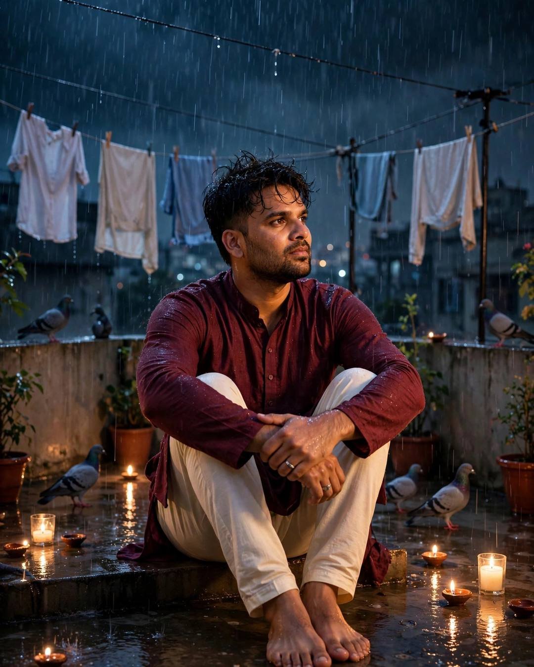 Man in maroon kurta sitting with knees drawn up on a rainy rooftop terrace, diyas and candles glowing around him