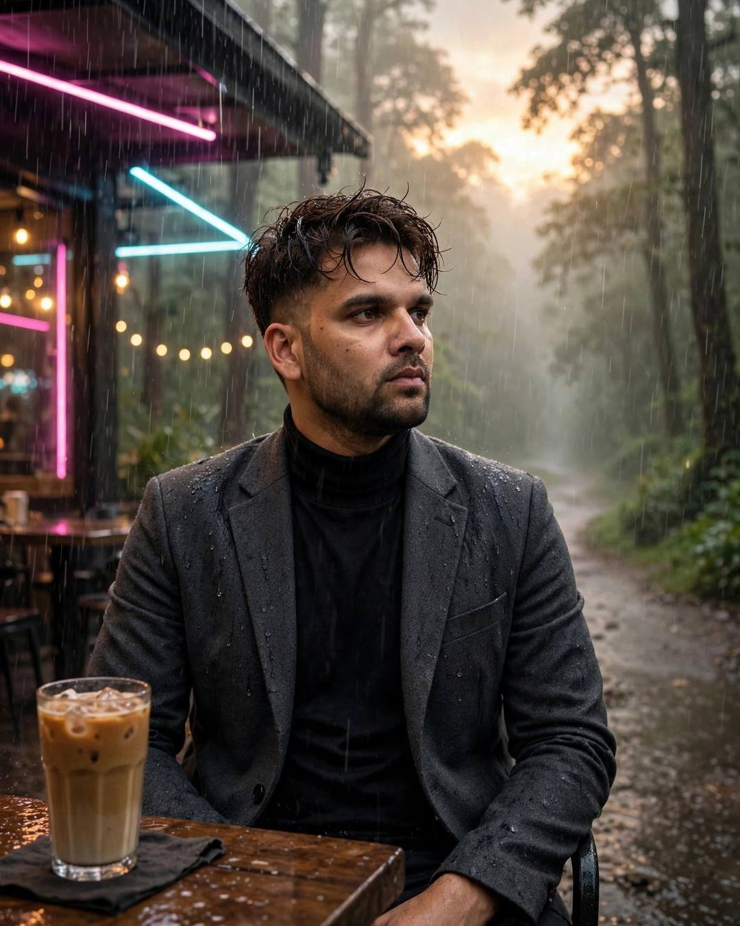 Man in charcoal blazer and black turtleneck at a neon-lit cafe table with iced coffee, misty forest behind