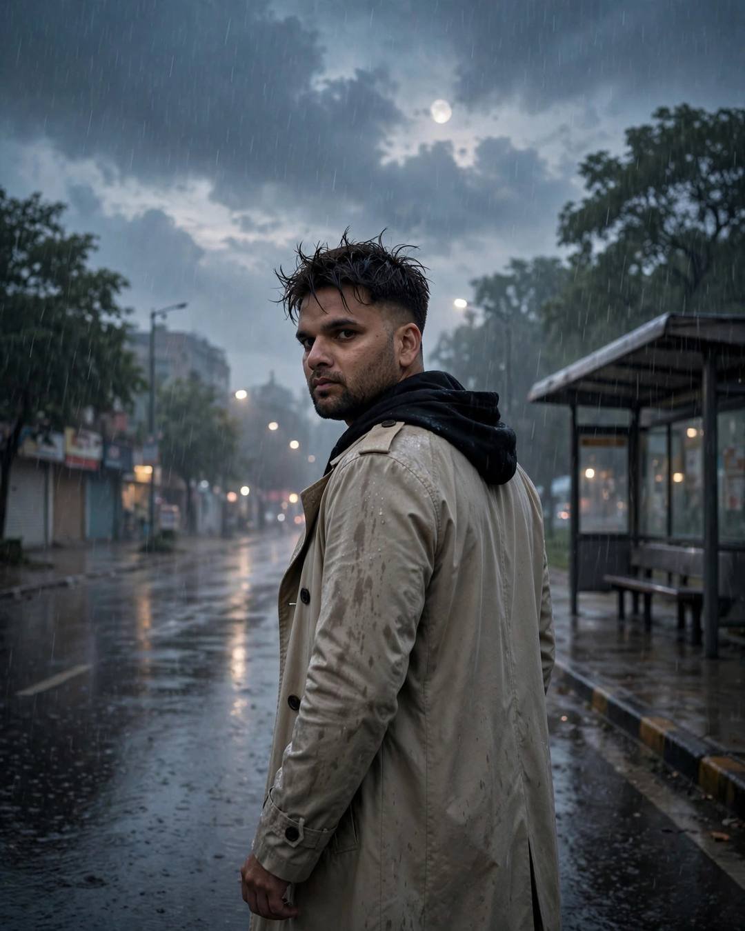 Young Indian man in beige trench coat walking away down an empty rain-soaked road at a bus stop at dawn, glancing back over his shoulder