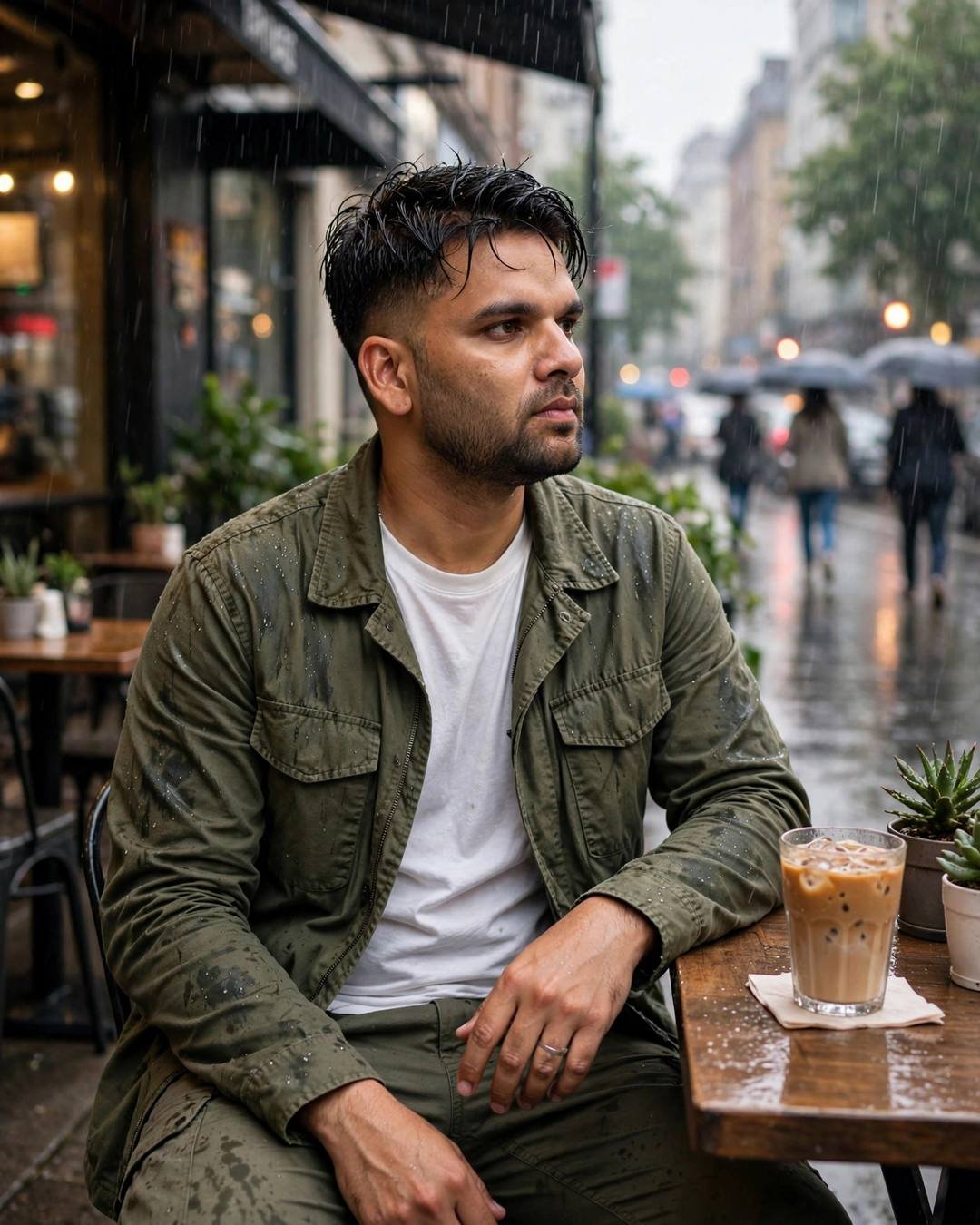 Young Indian man in olive field jacket sitting at a cafe table with an iced coffee, watching rain fall on the city street