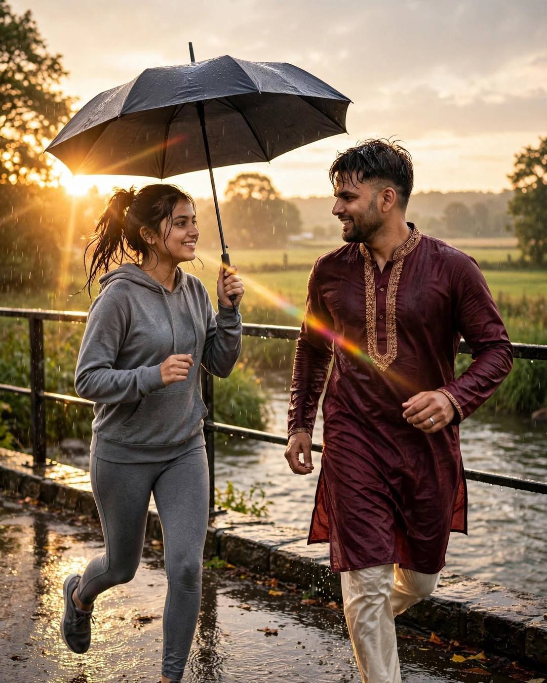 Happy couple running across a bridge over a river in the rain at golden hour, sharing an umbrella