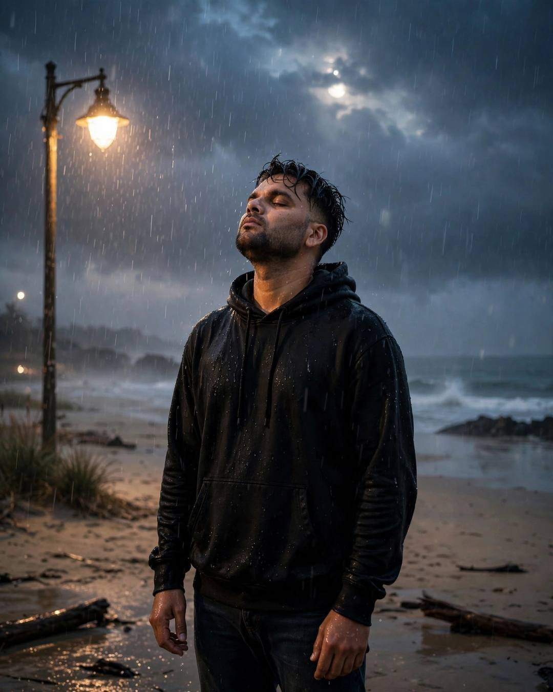 Young Indian man in a black hoodie standing on a rainy beach at dusk with face lifted to the sky