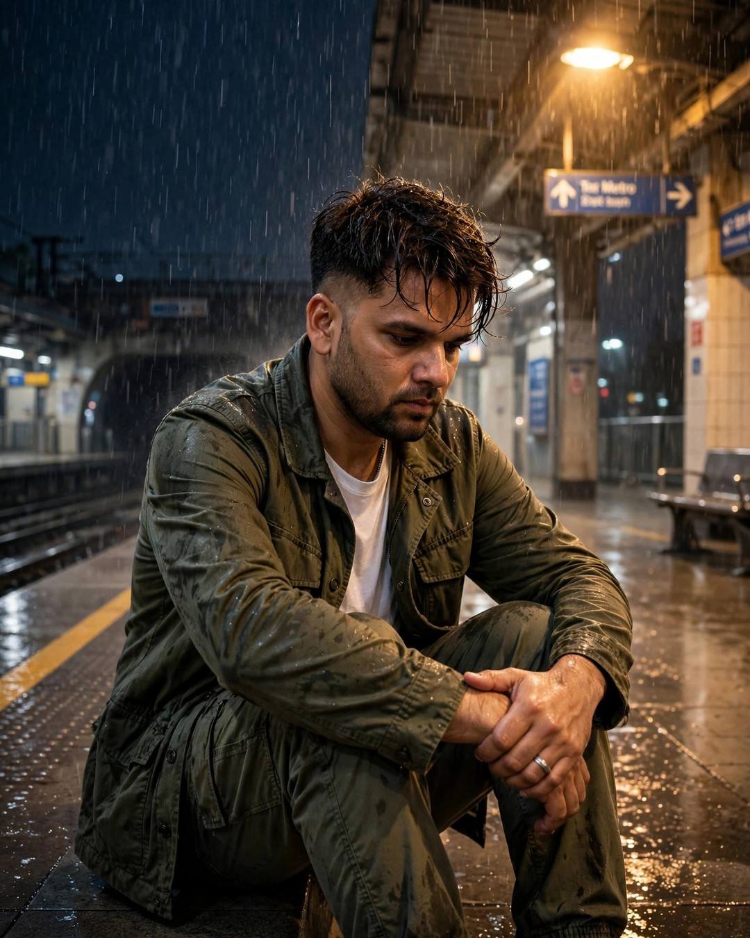 Young Indian man crouching on a rainy metro station platform at midnight